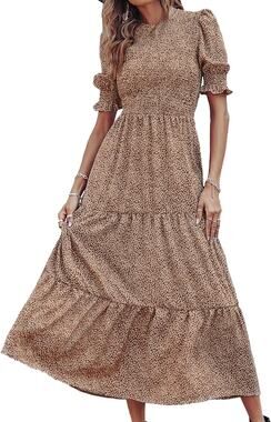 BTFBM Women’s Smocked Puff Sleeve Tiered Maxi Dress Beige Brown Animal Print Sm
